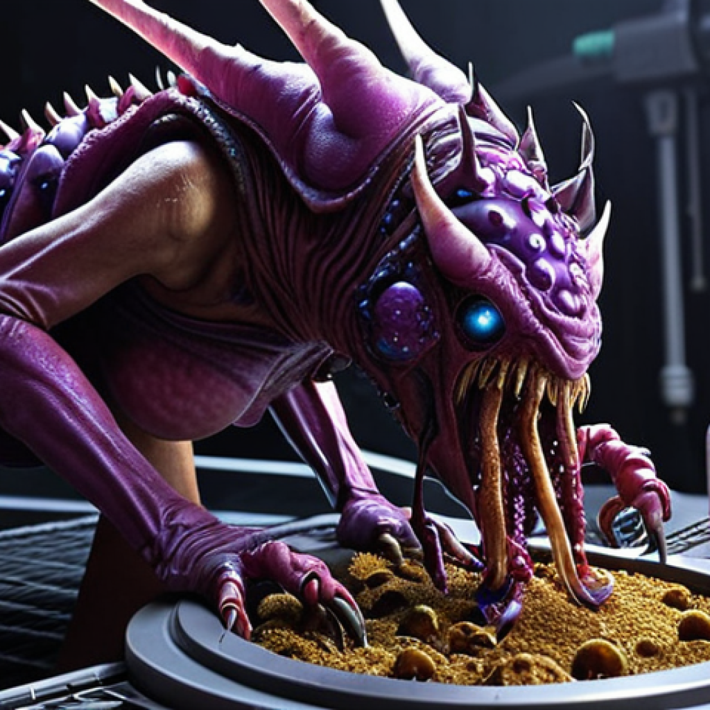 Queen Injecting Larva**

*Prompt:* Zerg Queen injecting larva into a Hatchery. Creep spread around the base. Emphasize the Queen's role in boosting larva production. Dark, organic Zerg aesthetic.

**