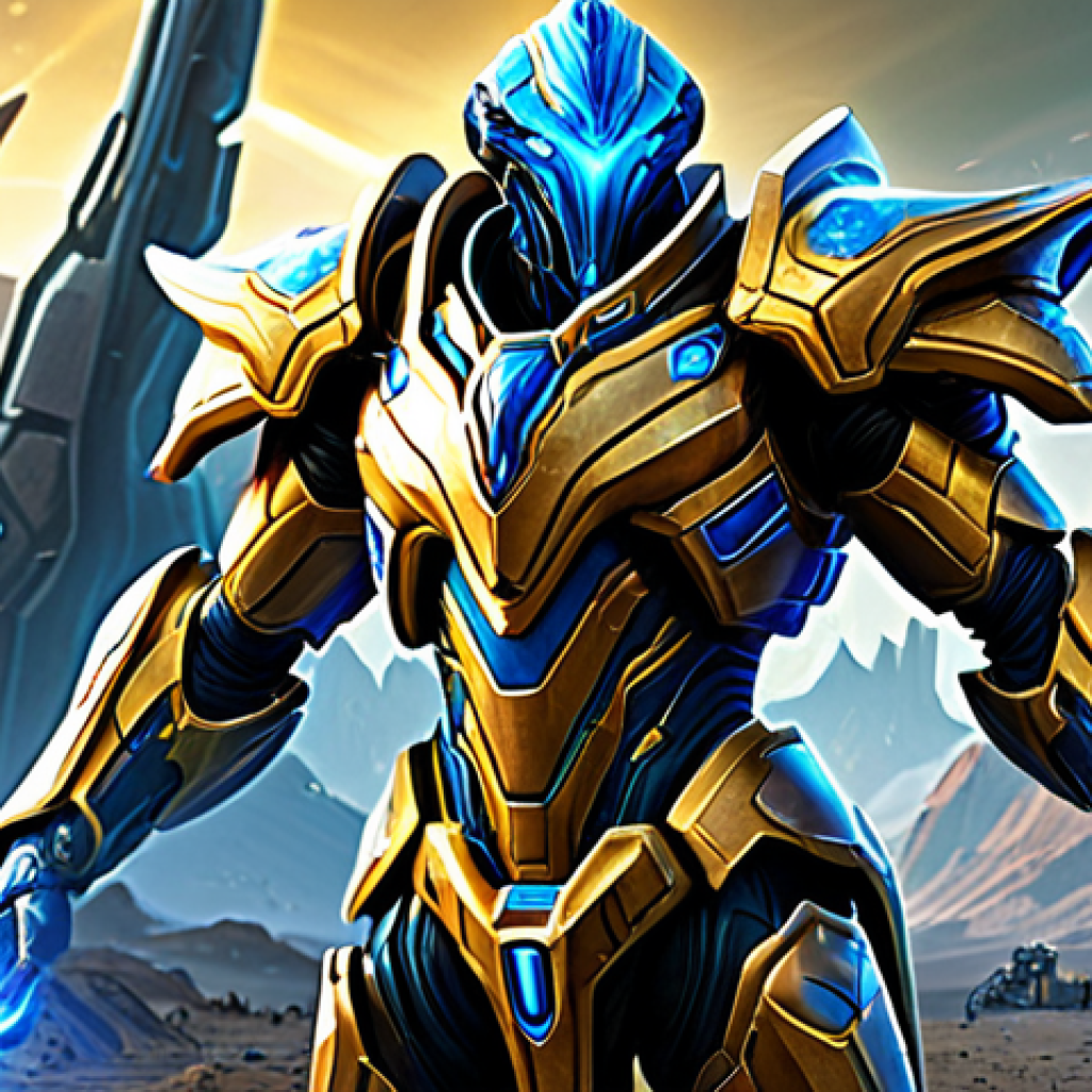 A powerful Protoss Zealot, characterized by its formidable, gleaming golden-blue combat armor, executing a rapid strategic push across an alien landscape. The Zealot's body is fully encased in its iconic, professional Protoss attire. The futuristic alien environment unfolds in the background, featuring subtle, non-descript sci-fi base structures in the distance, indicating an opponent's territory. A soft, dynamic energy aura subtly surrounds the Zealot, hinting at its speed and determination. Perfect anatomy, correct proportions, natural pose, well-formed hands, proper finger count, natural body proportions, professional digital illustration, high fidelity, sharp focus, safe for work, appropriate content, fully clothed, modest, family-friendly.